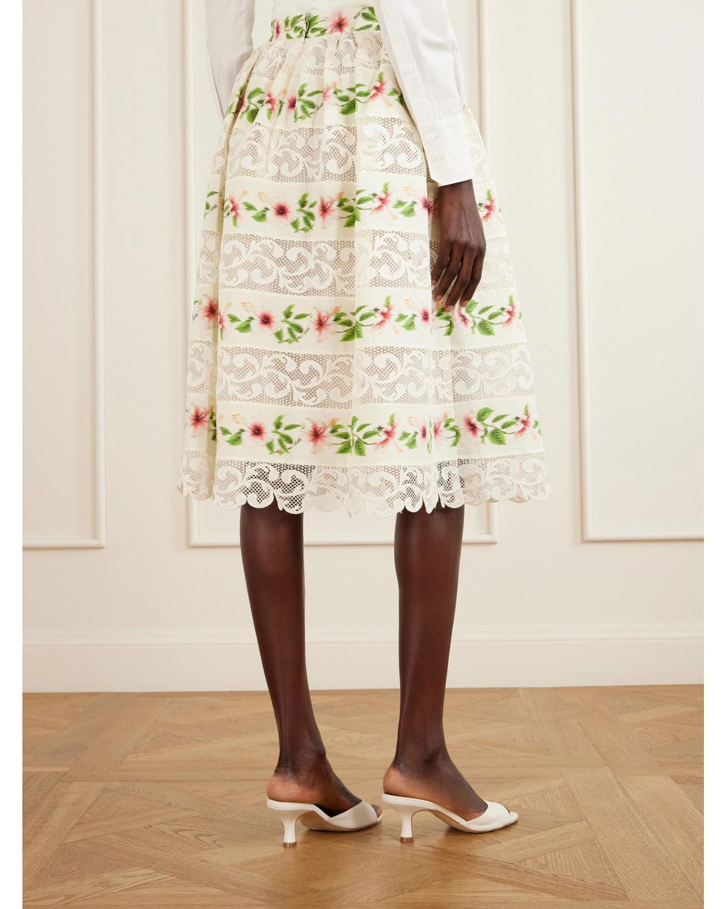 Oscar de la Renta White Floral-Print Lace-Trimmed Cotton-Blend Midi Skirt
