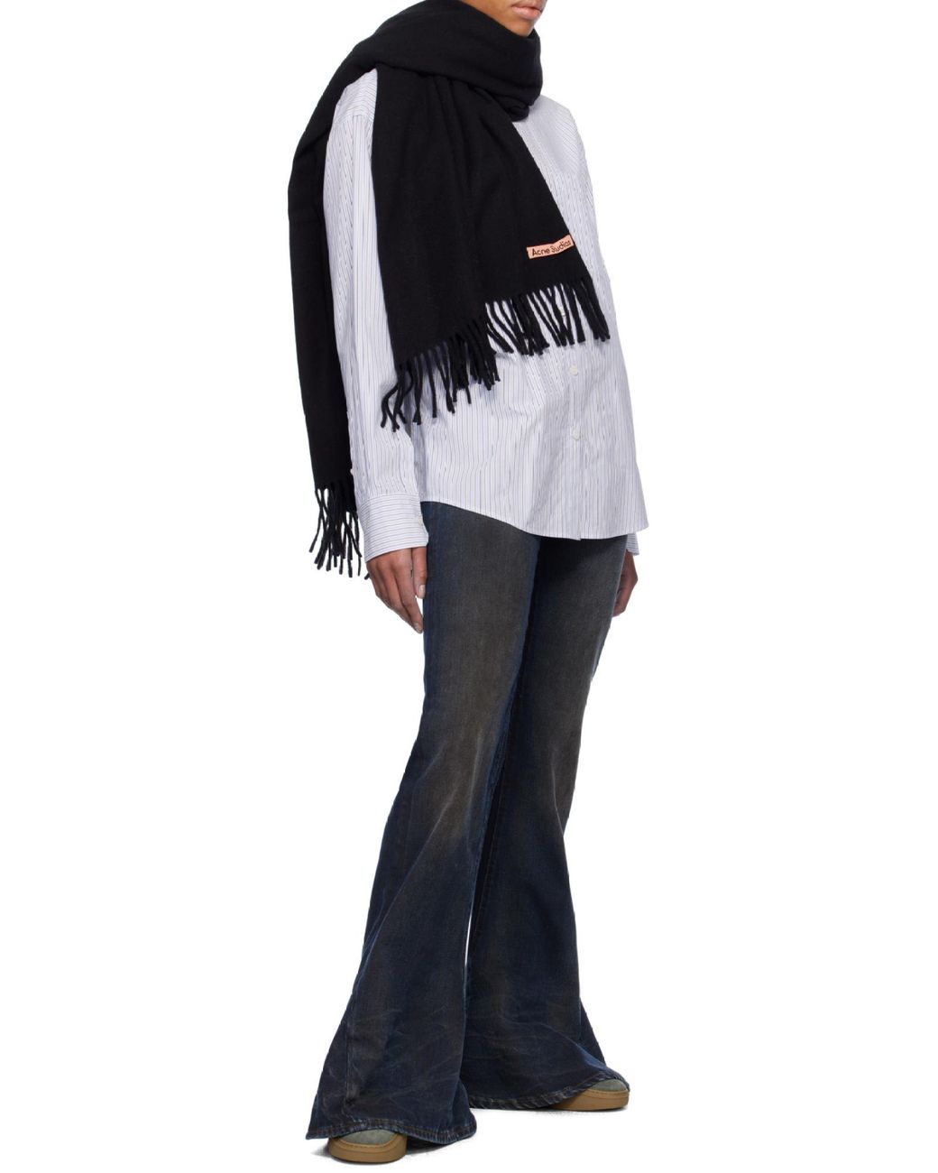 Acne Black Logo Patch Fringed-Edge Scarf for men