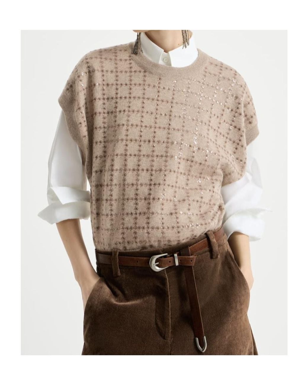 Brunello Cucinelli White Cashmere Knit T-Shirt With Dazzling Windowpane Embroidery