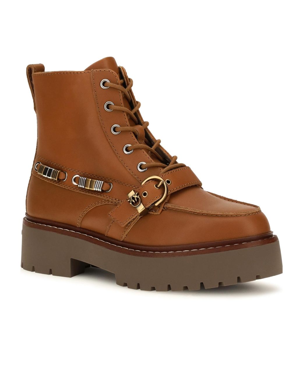 Pinko Brown Round Toe Buckle Detailed Boots