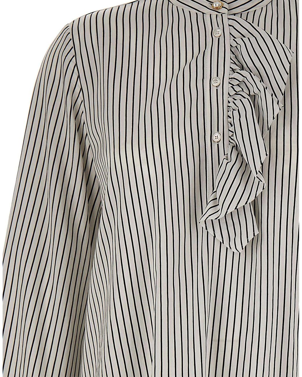 Marella Gray Ruffled Striped Henley Blouse