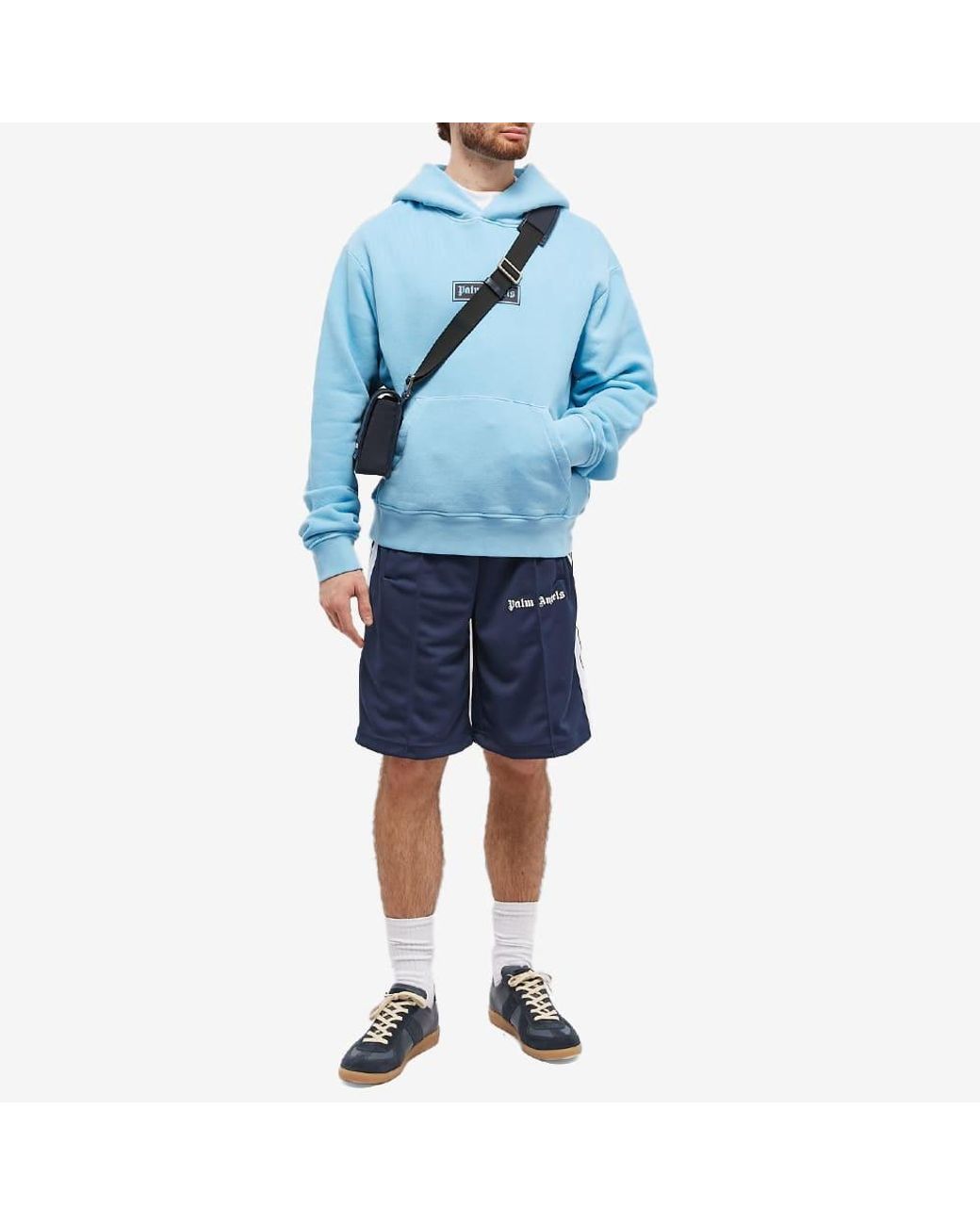Palm Angels Blue Logo-Print Cotton Hoodie for men