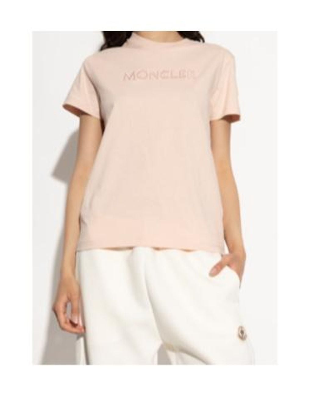 Moncler Pink Logo Embroidered Crewneck T-Shirt