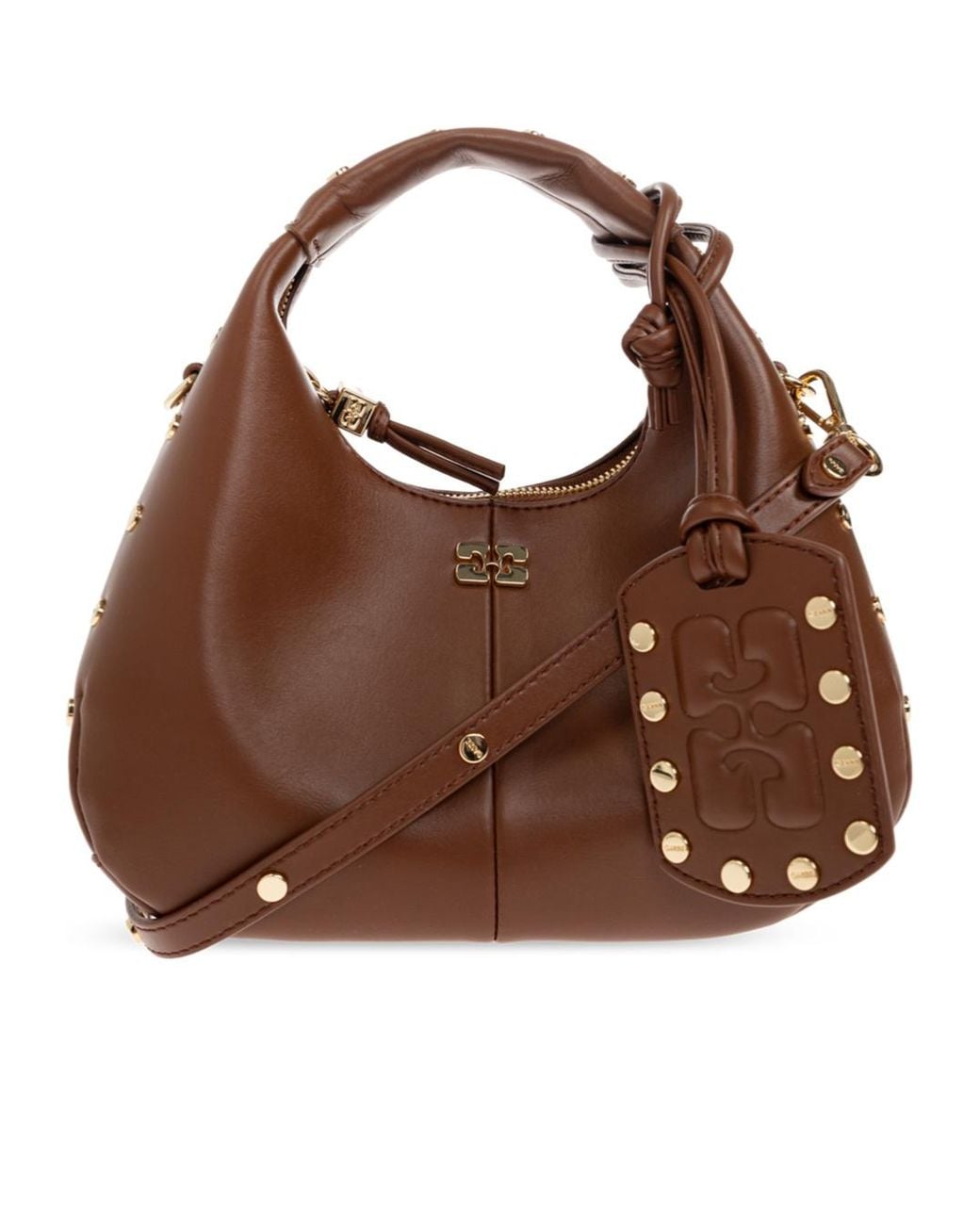 Ganni Brown Stud-Embellished Mini Hobo Bag