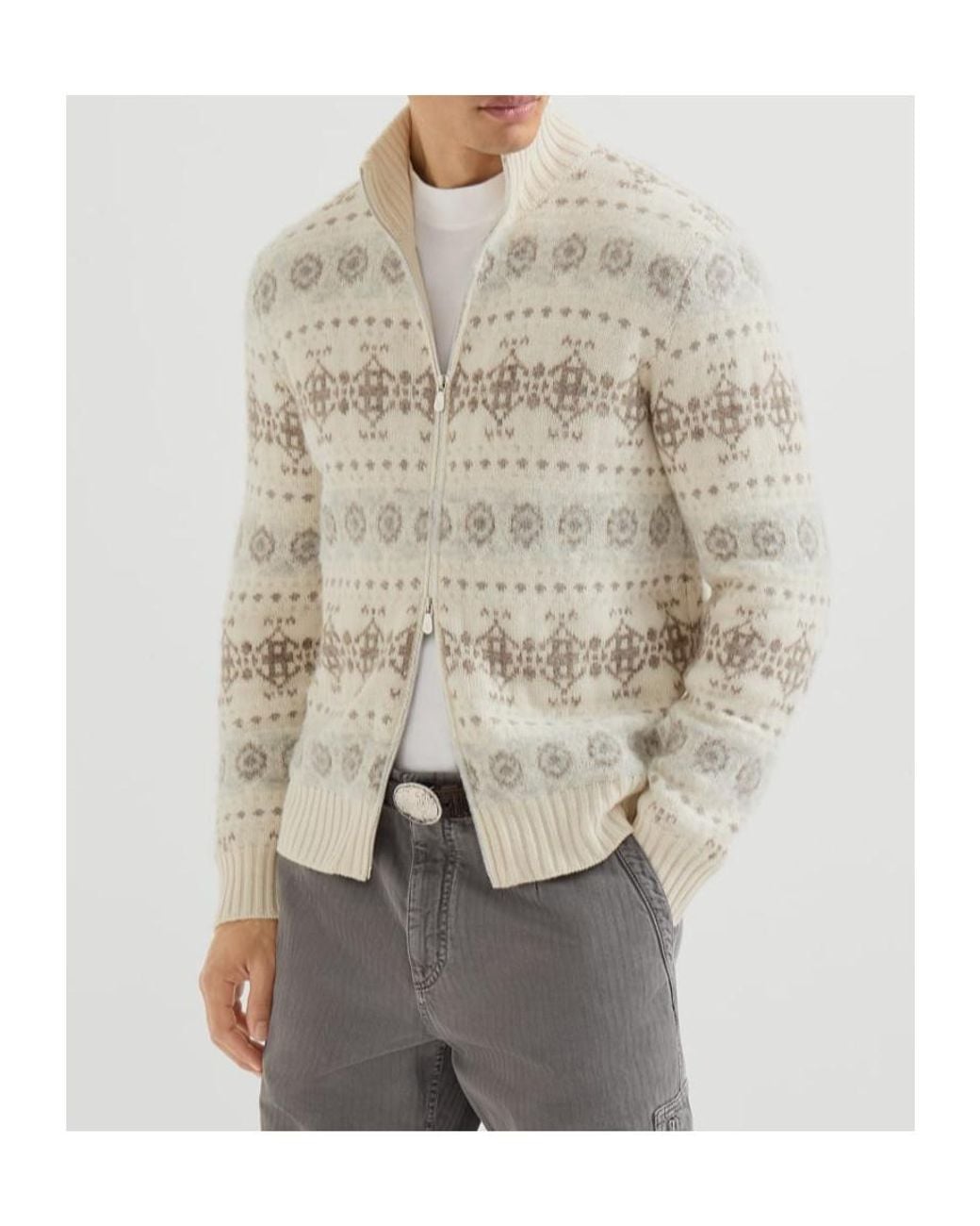 Brunello Cucinelli White Cashmere Jacquard High-Neck Cardigan With Zipper for men