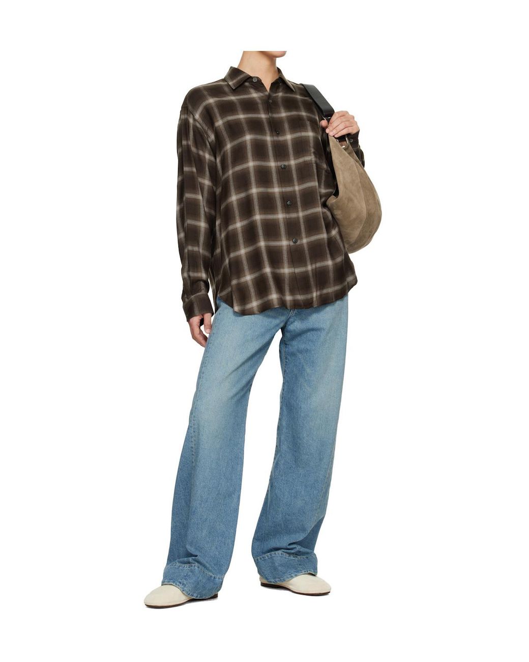 Ssstein Brown Plaid Loose Long Sleeve Shirt for men
