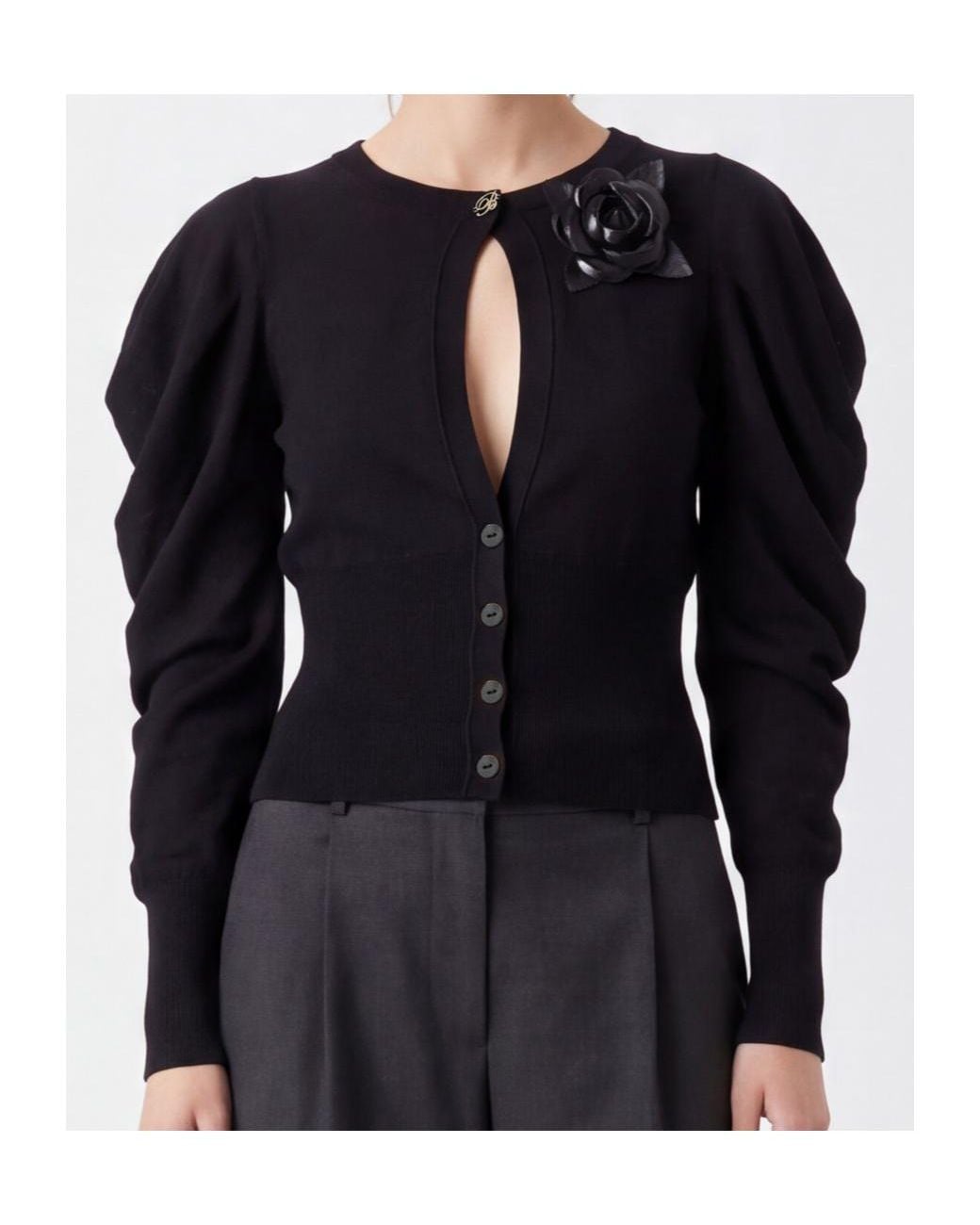 Blumarine Black Ruched Sleeve Flower Cardigan