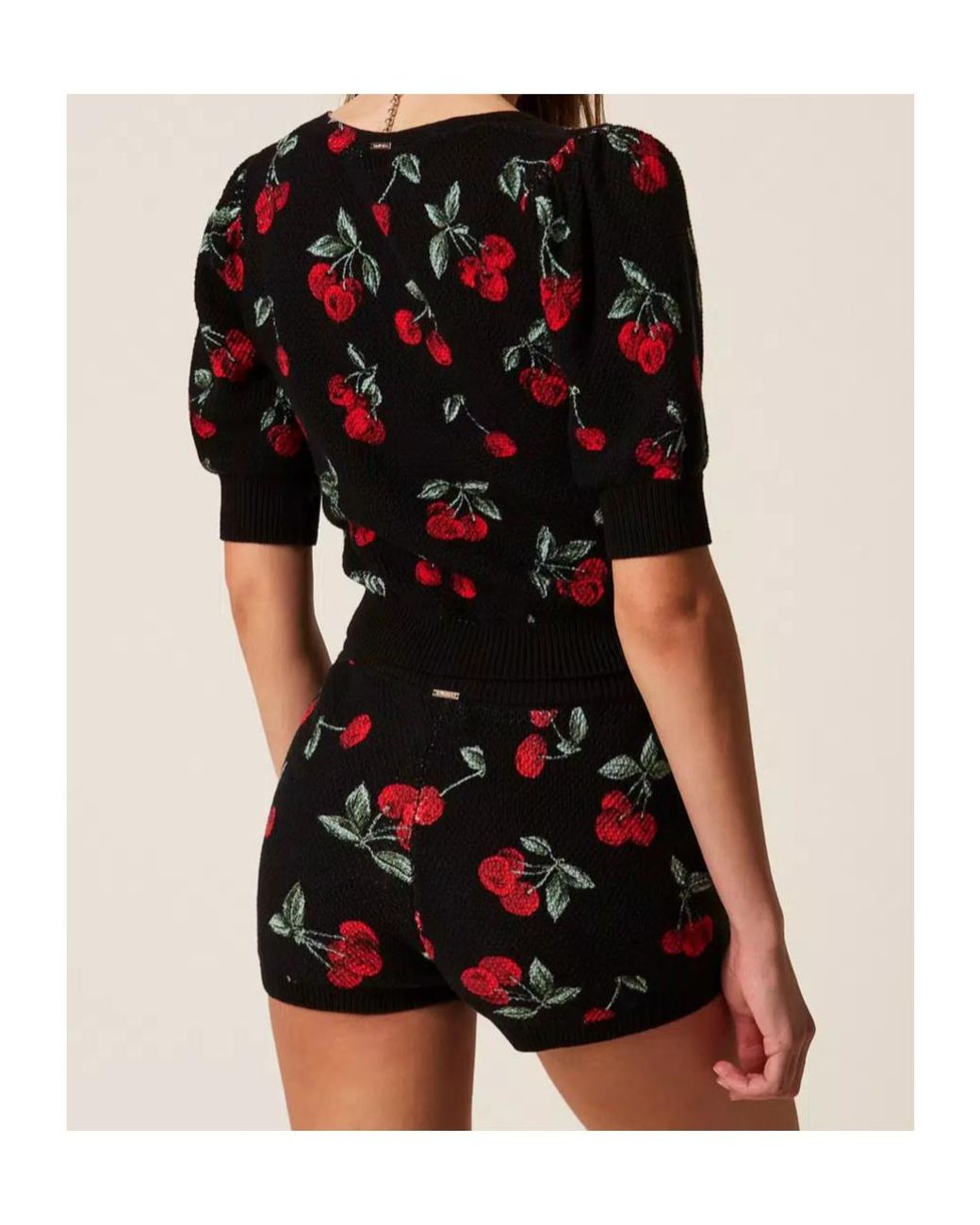 Twinset Blue Cherry-Print Short-Sleeve Knitted Top