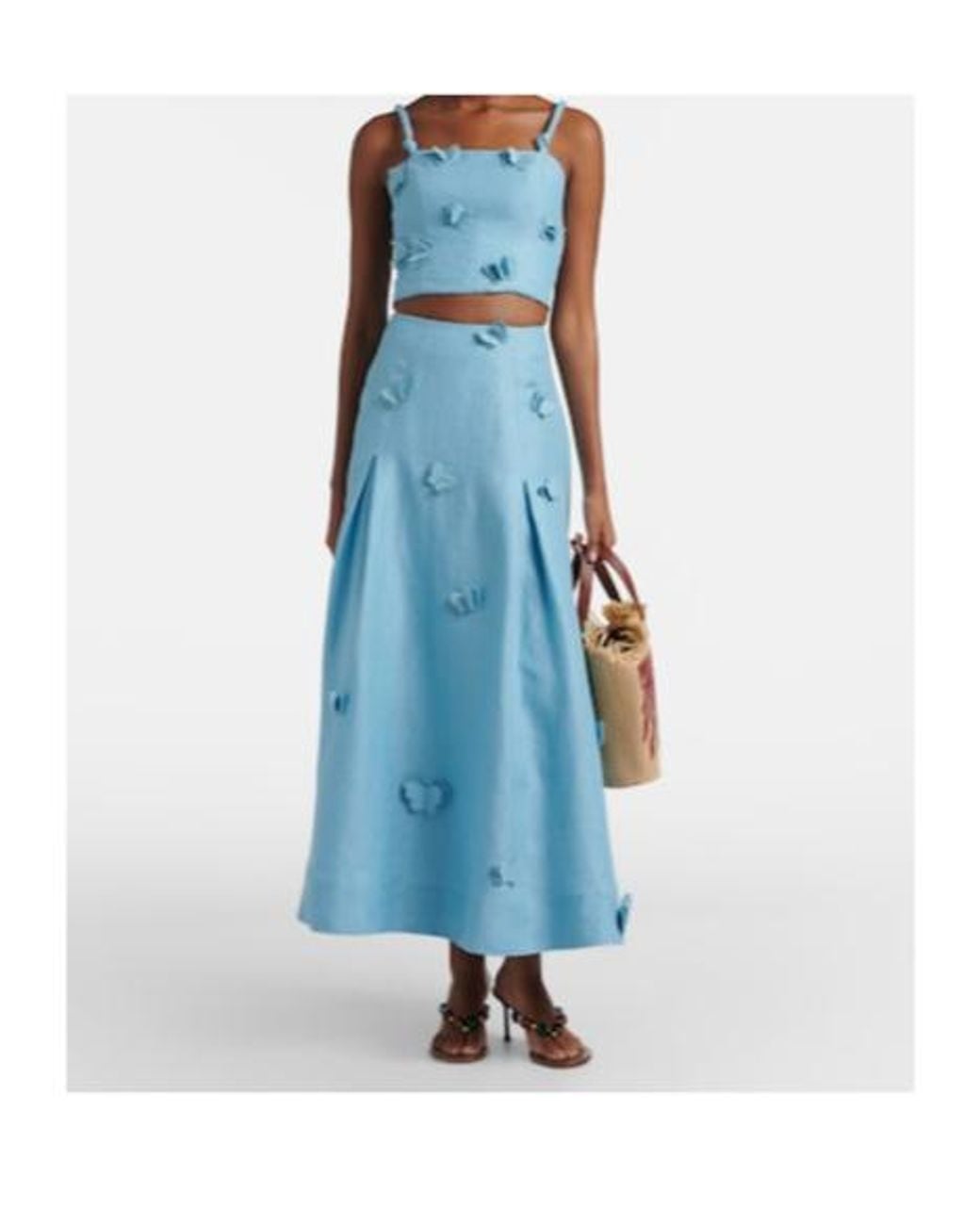 Farm Rio Blue Patch-Appliqué Linen Midi Skirt