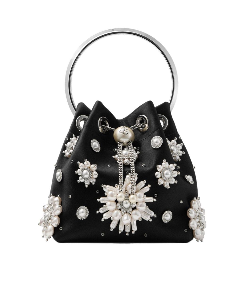 Jimmy Choo Black Satin Bucket Bag With Floral Pearl Embroidery