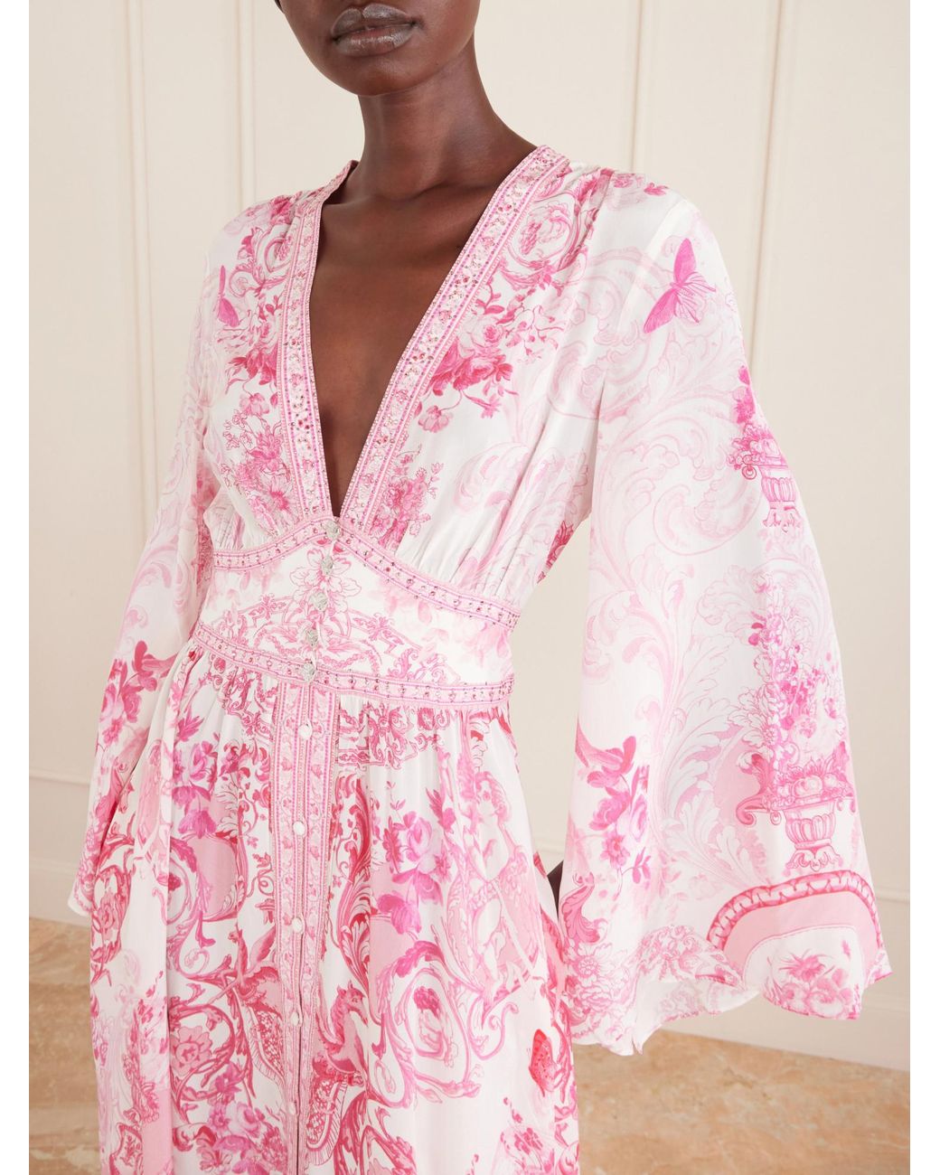 Camilla Pink Embellished Floral-Print Silk-Crepe Maxi Dress