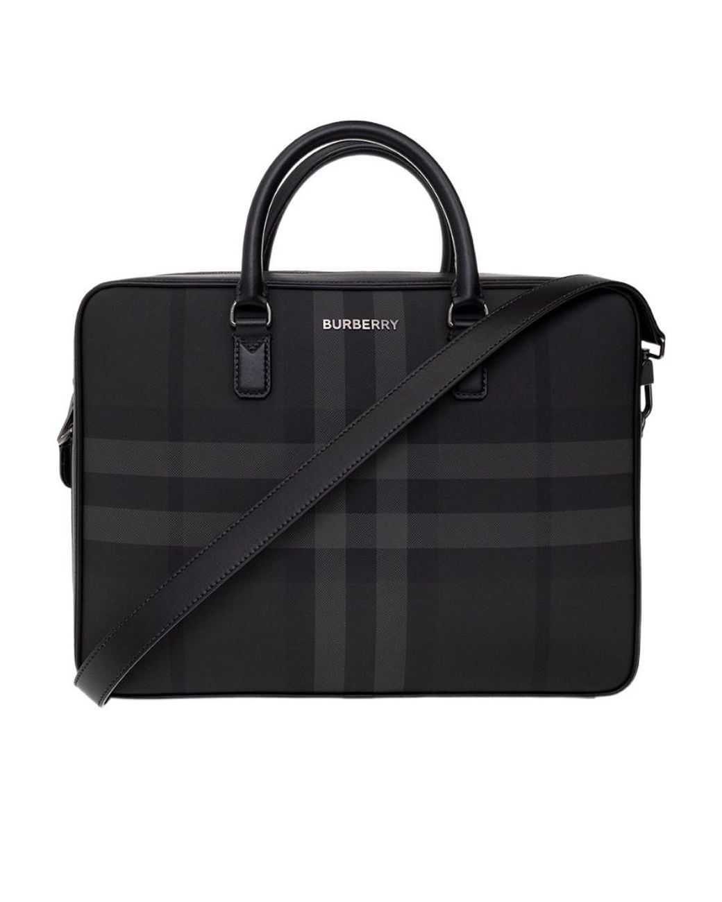 Burberry Black Check Pattern Logo Plaque Briefcase for men