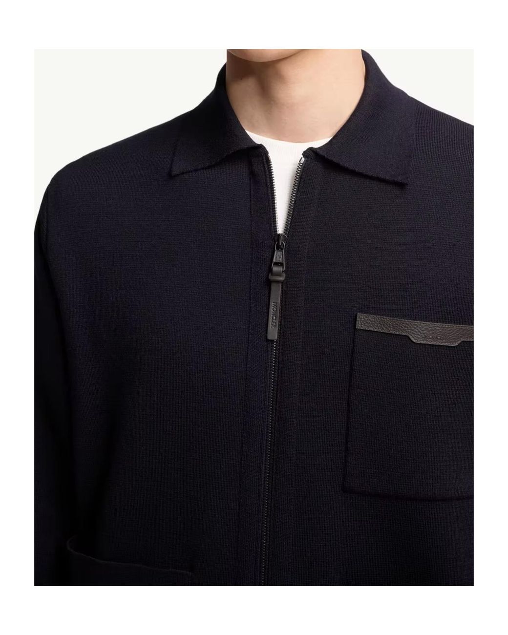 Moncler Blue Leather Logo Wool Zip-Up Cardigan for men