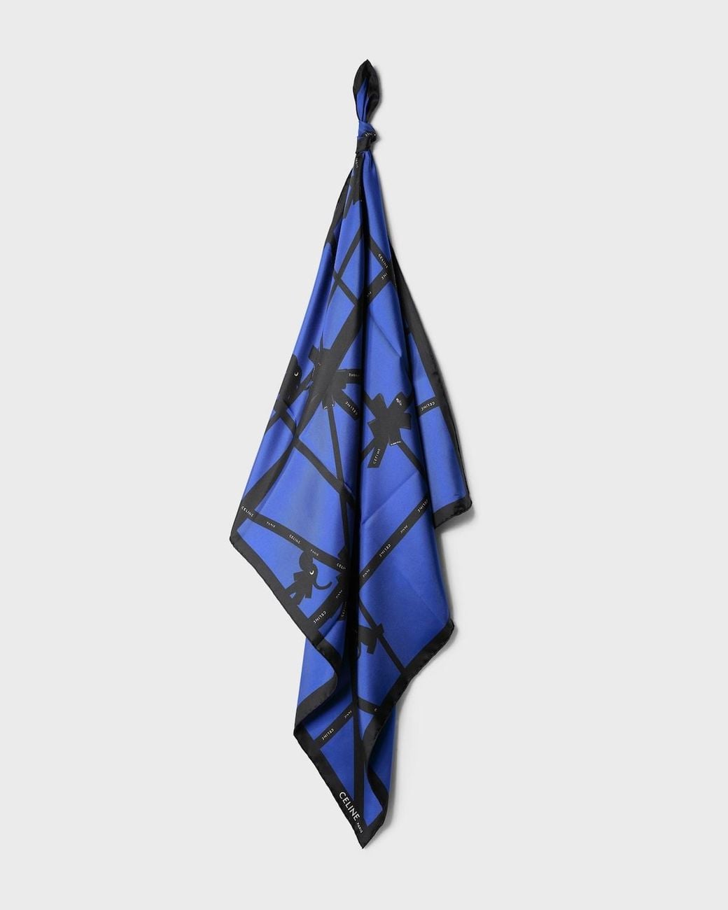 Céline Blue Silk Scarf Featuring A Climbing Elephant Pattern