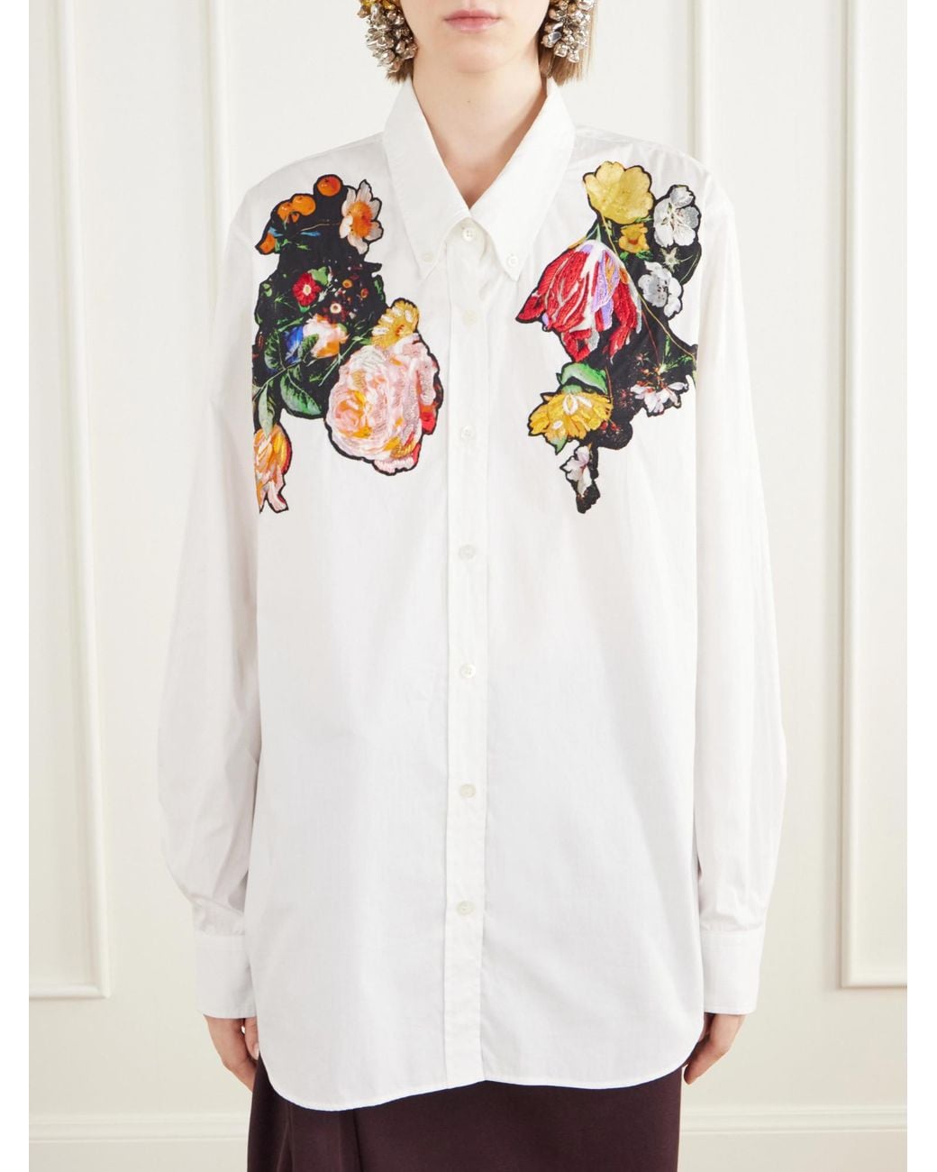Dries Van Noten White Floral-Embroidered Cotton-Poplin Shirt
