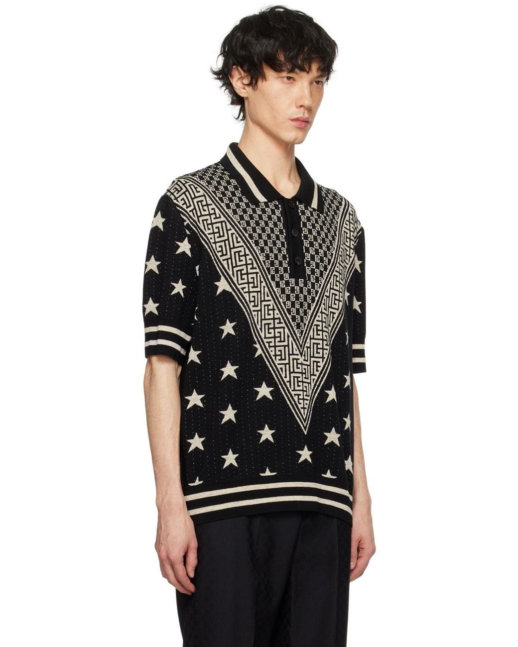 Balmain Black Monogram Stars Polo Shirt for men