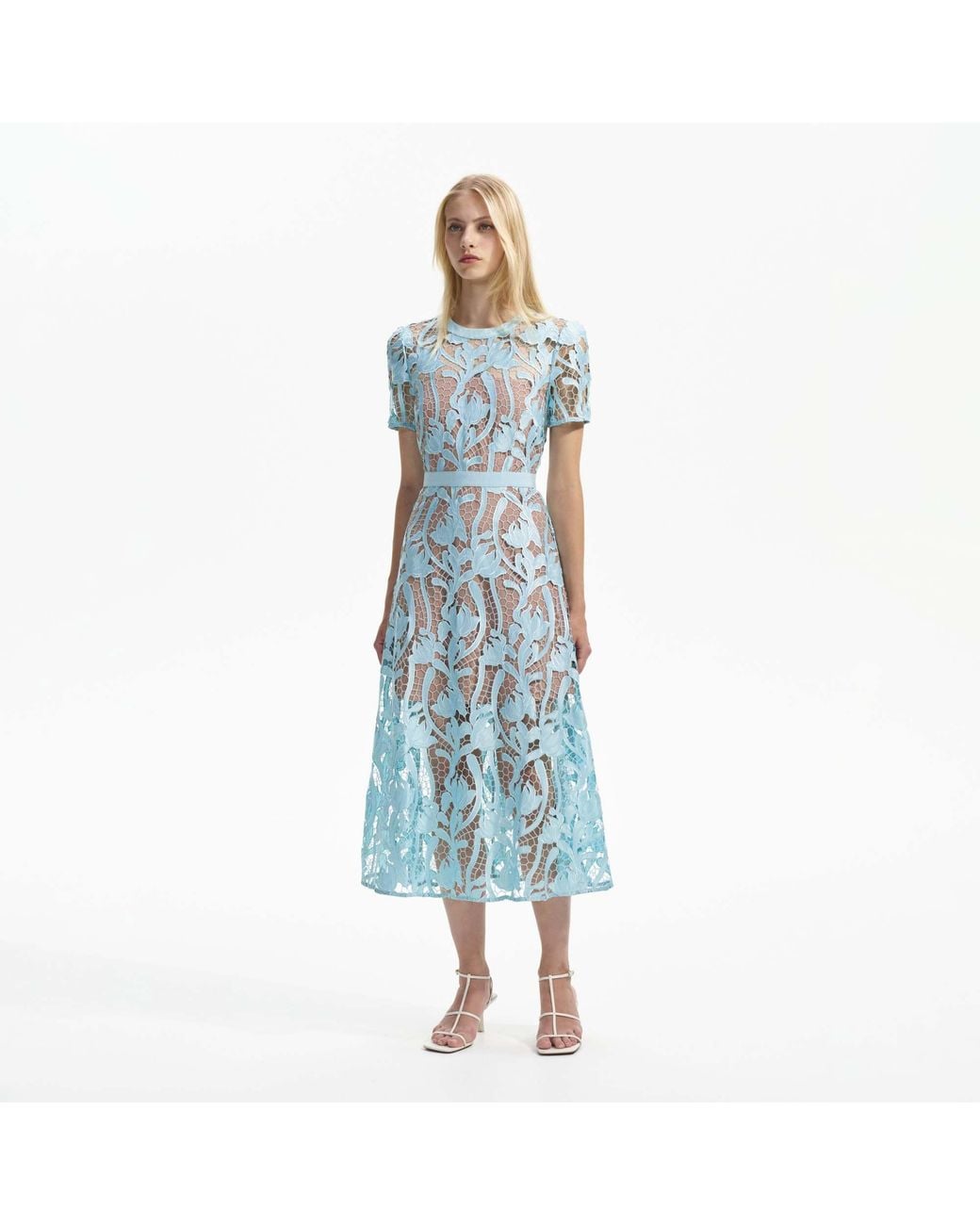 Self-Portrait Blue Lace Short-Sleeved Midi Dress