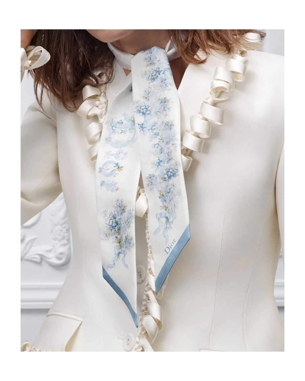 Dior White Floral Print Skinny Scarf