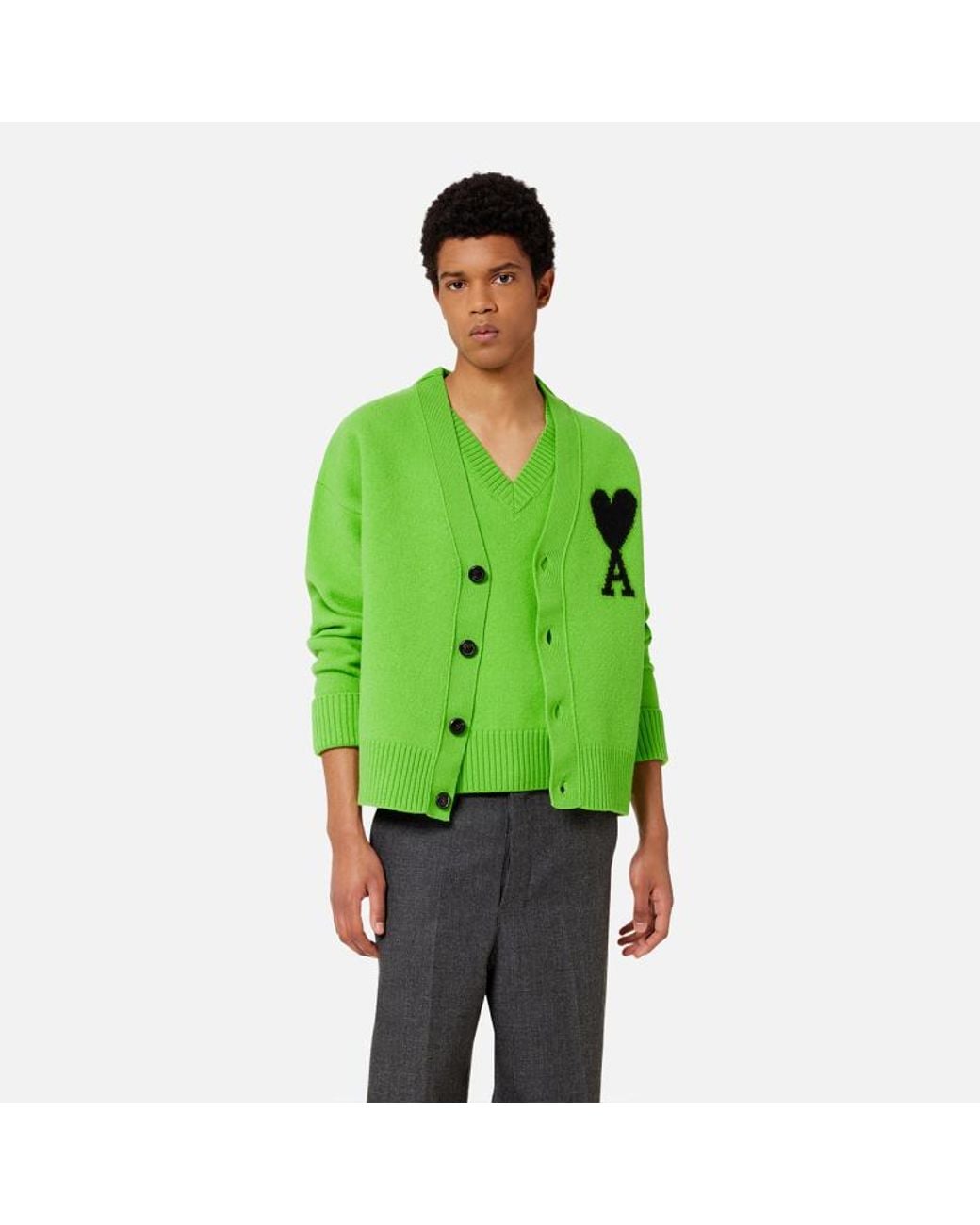 AMI Green Ami De Coeur Wool Cardigan for men