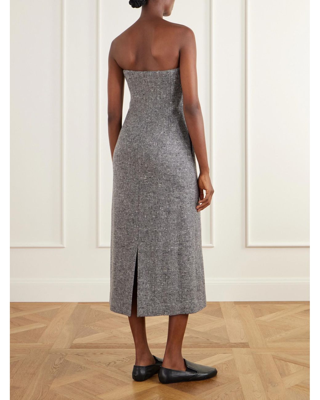 Auralee Gray Strapless Wool-Tweed Midi Dress
