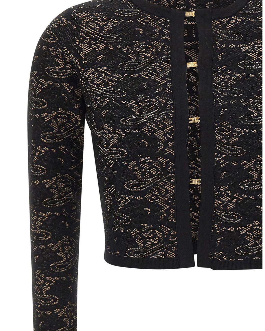 Elisabetta Franchi Black Lace-Pattern Logo-Plaque Crewneck Cardigan