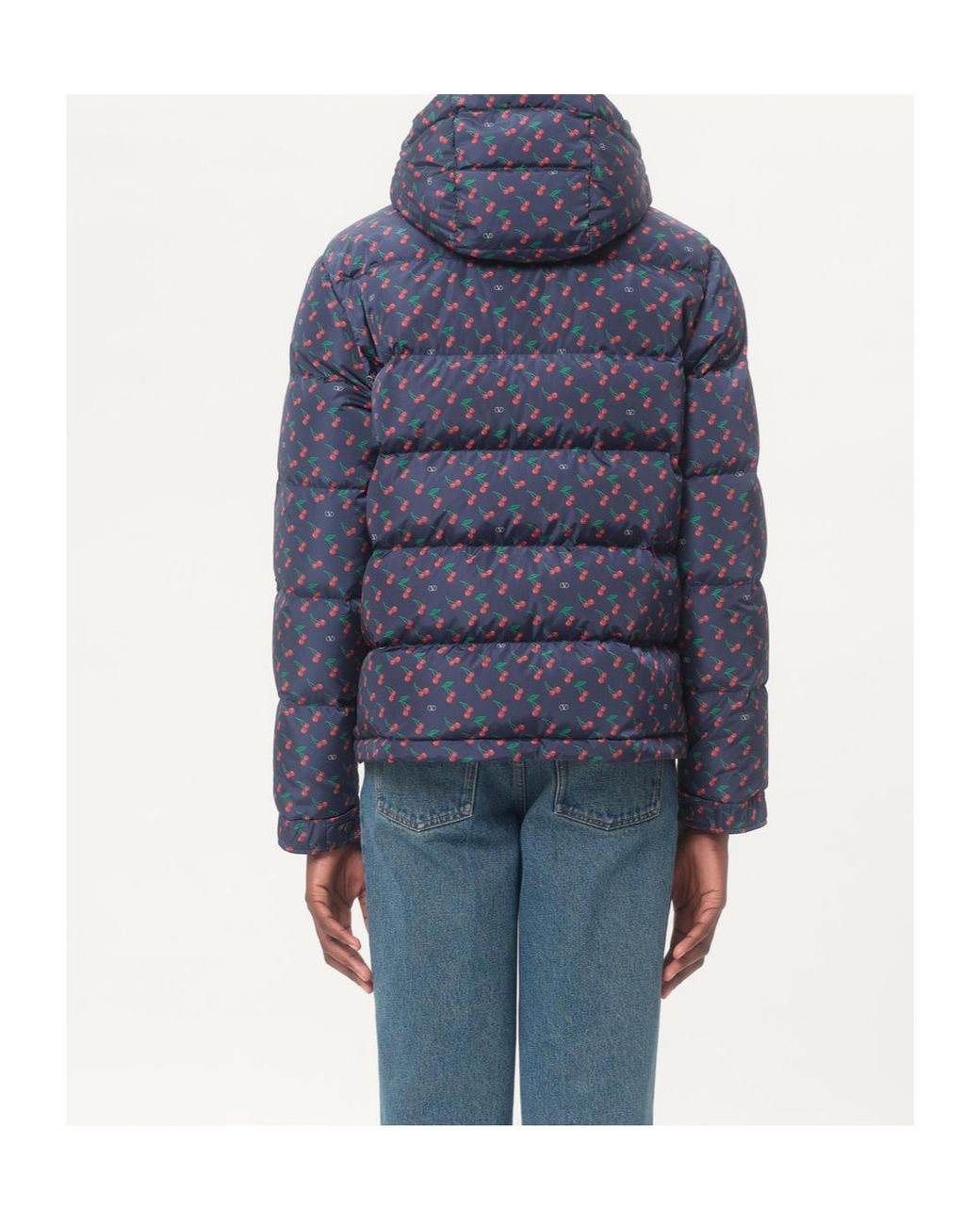 Valentino Blue Nylon Hooded Down Jacket With Cherryfic Print for men