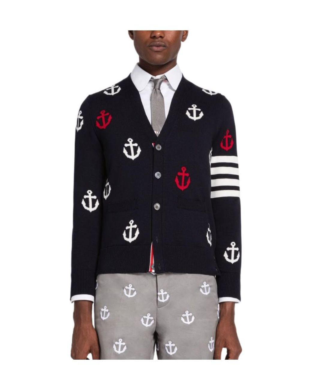 Thom Browne Blue Bar Anchor Intarsia Cardigan for men