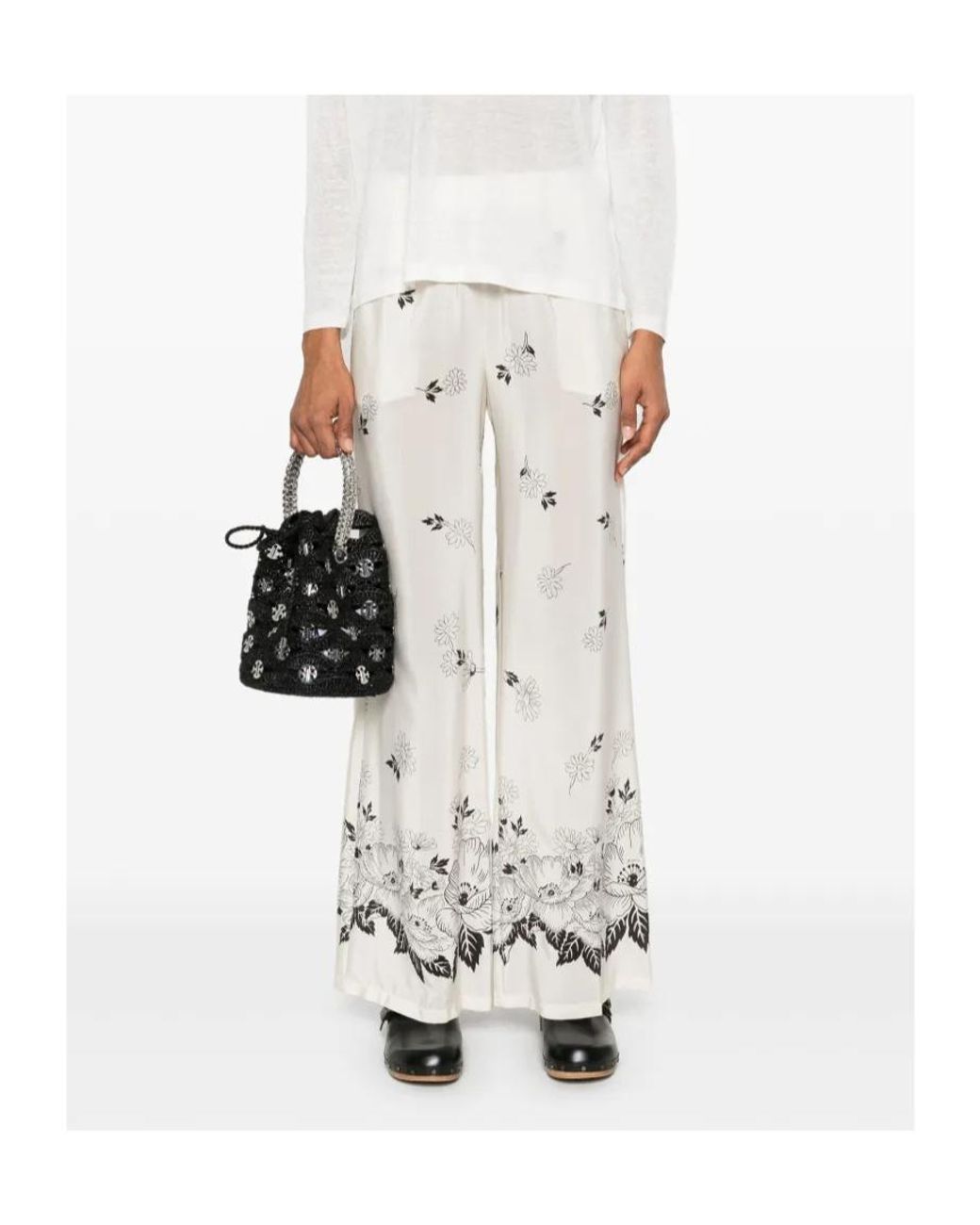 P.A.R.O.S.H. White Floral Wide-Leg Pants