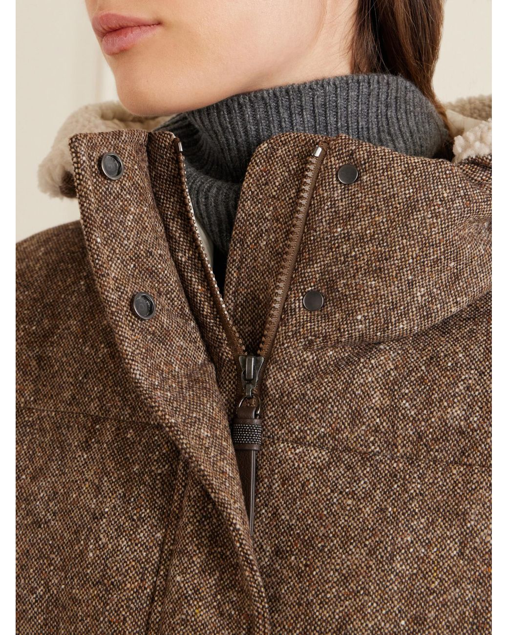 Brunello Cucinelli Brown Virgin Wool Donegal Down Coat With Shearling Inserts And Monili