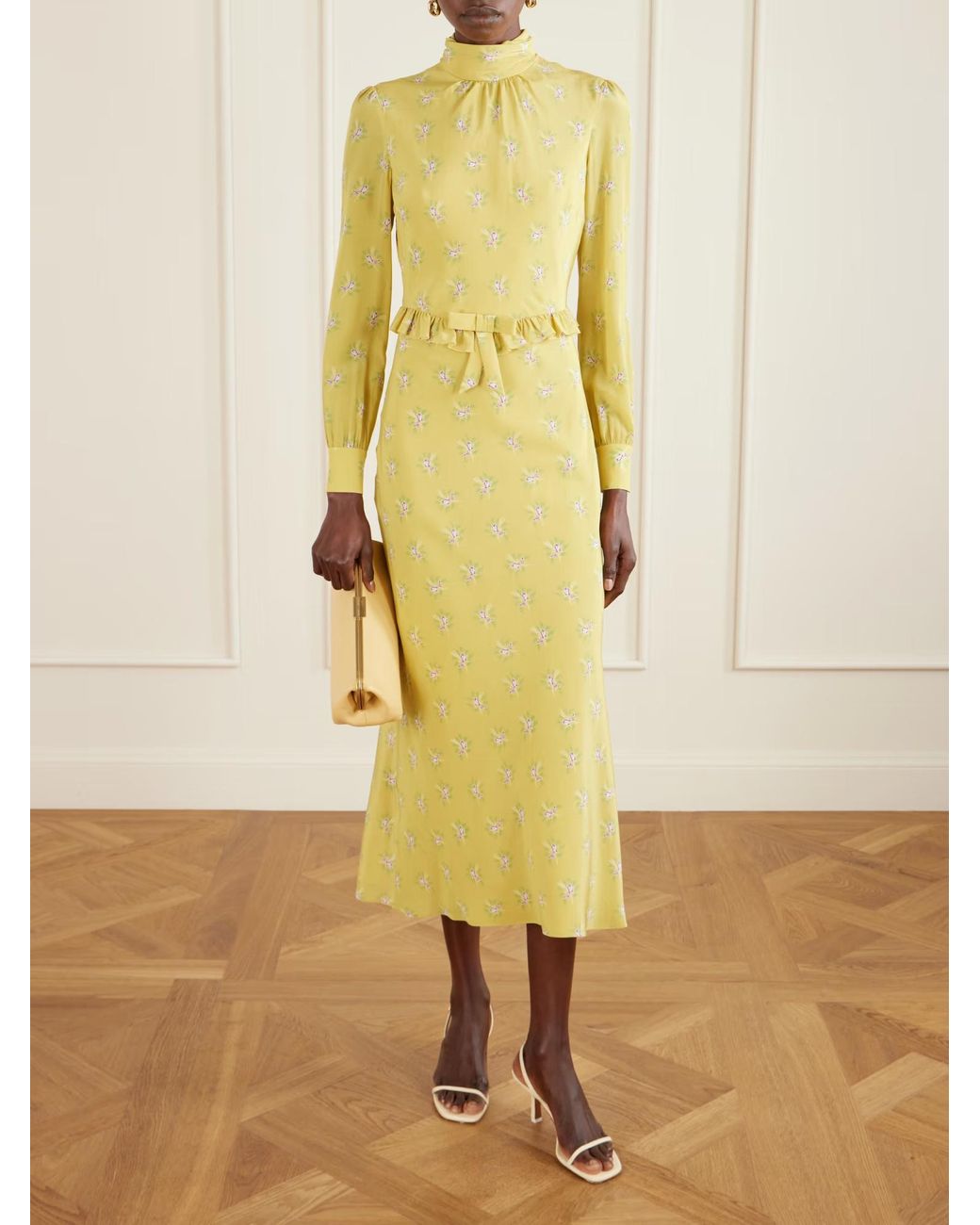 Alessandra Rich Yellow Floral Print Dress With Ruffled Bow Embellishment