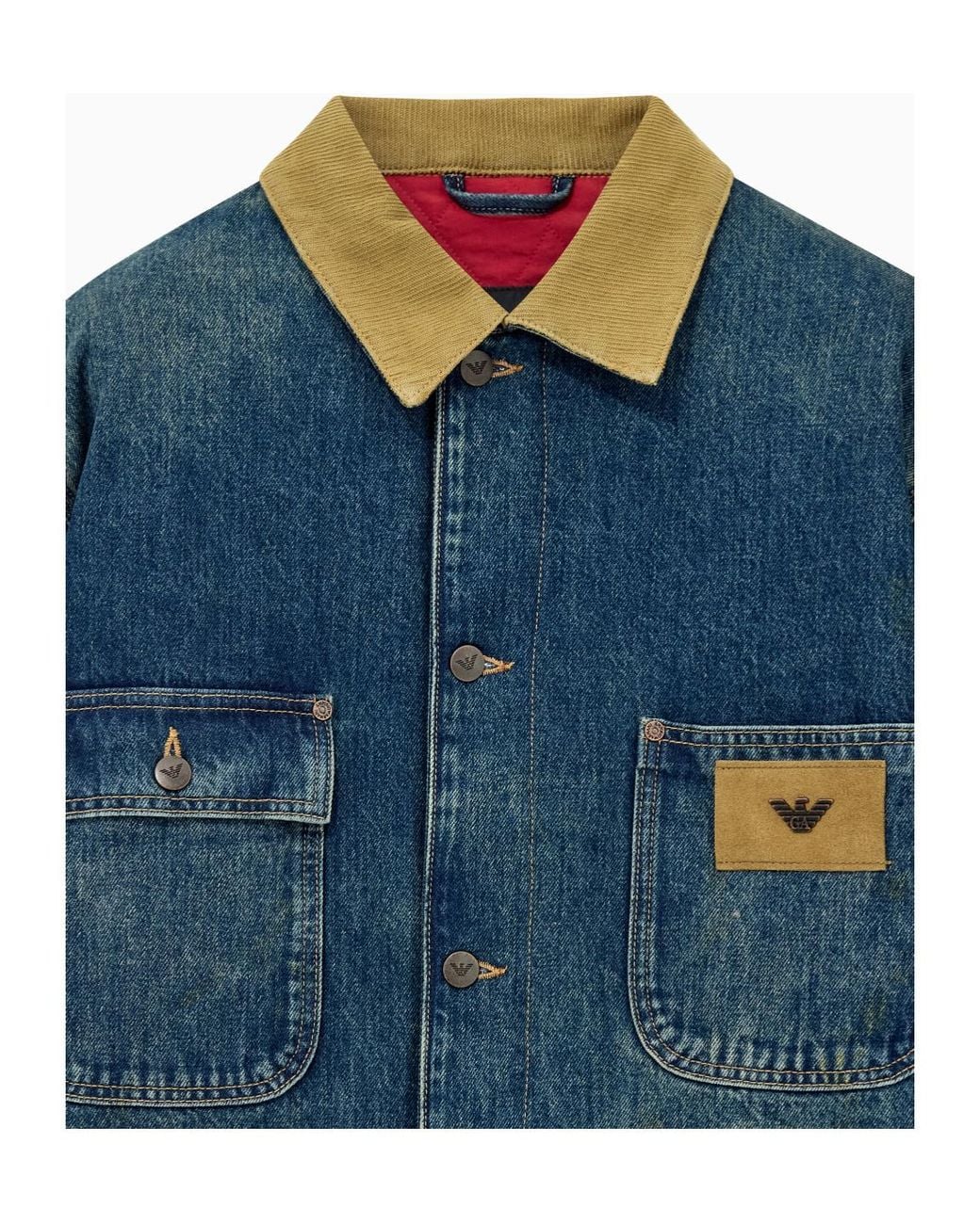 Emporio Armani Blue Cotton Denim Jacket With Corduroy Collar And Patch Pockets for men
