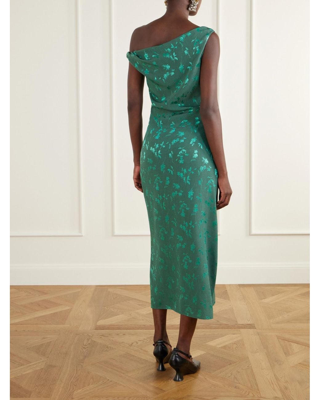 Dries Van Noten Green Floral-Jacquard Knot-Detail Satin Midi Dress