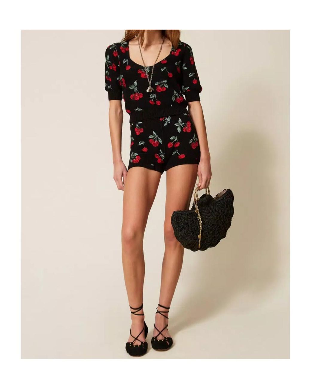 Twinset Blue Cherry-Print Short-Sleeve Knitted Top