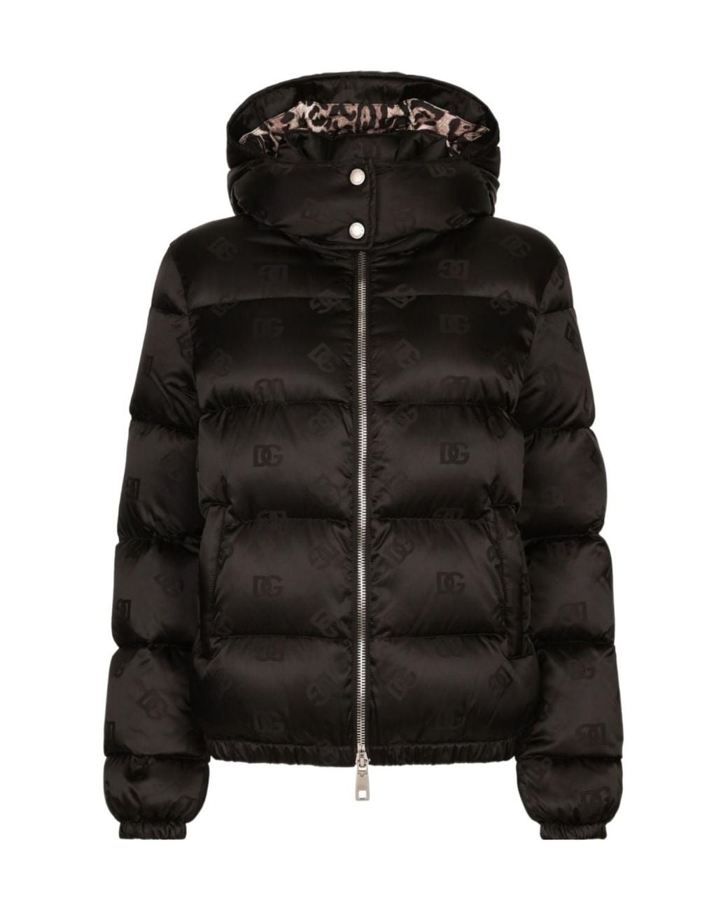 Dolce & Gabbana Black Padded Satin Jacquard Down Jacket With All-Over Dg Logo
