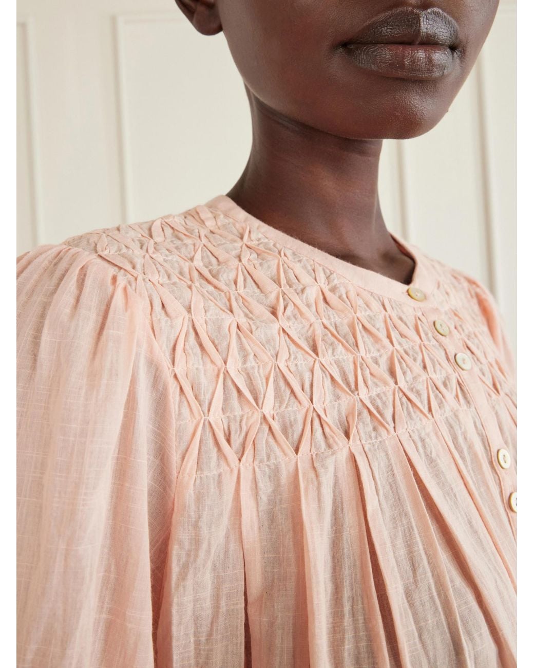 Rixo Natural Shirred Lace-Trimmed Cotton-Voile Blouse