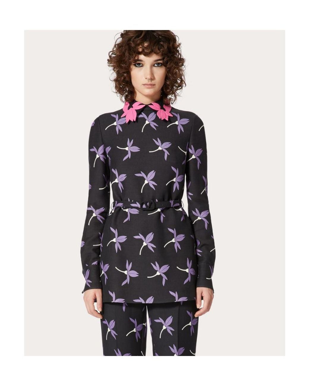 Valentino Black Fairy Flowers Printed Belted Long-Sleeved Shirt