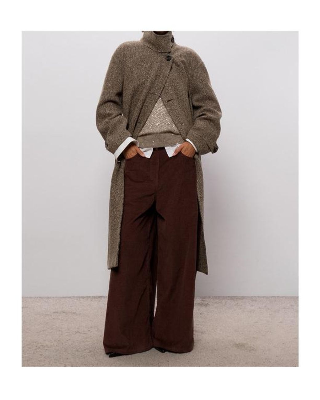 Brunello Cucinelli Gray Sparkling Chevron Belted Coat