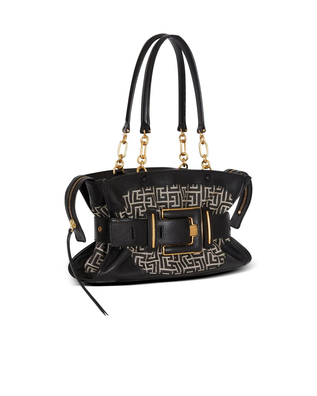 Balmain Black Leather And Monogram Jacquard Anthem Bag