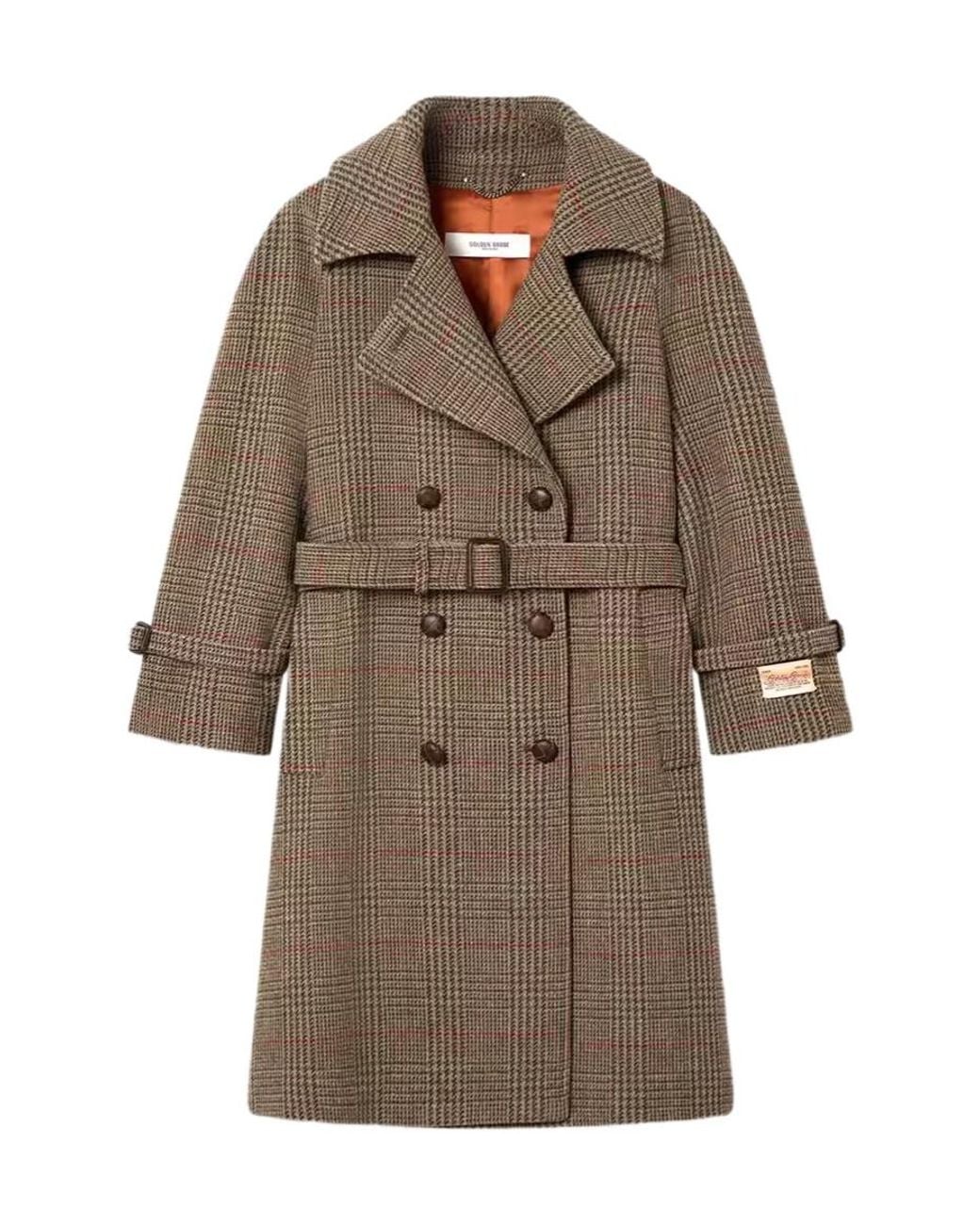 Golden Goose Deluxe Brand Brown Checked Double-Breasted Belted Coat