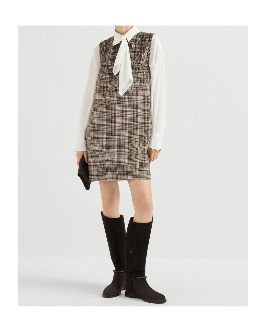 Brunello Cucinelli Brown Checked Alpaca And Wool Mini Dress With Dazzling Degradé Embroidery