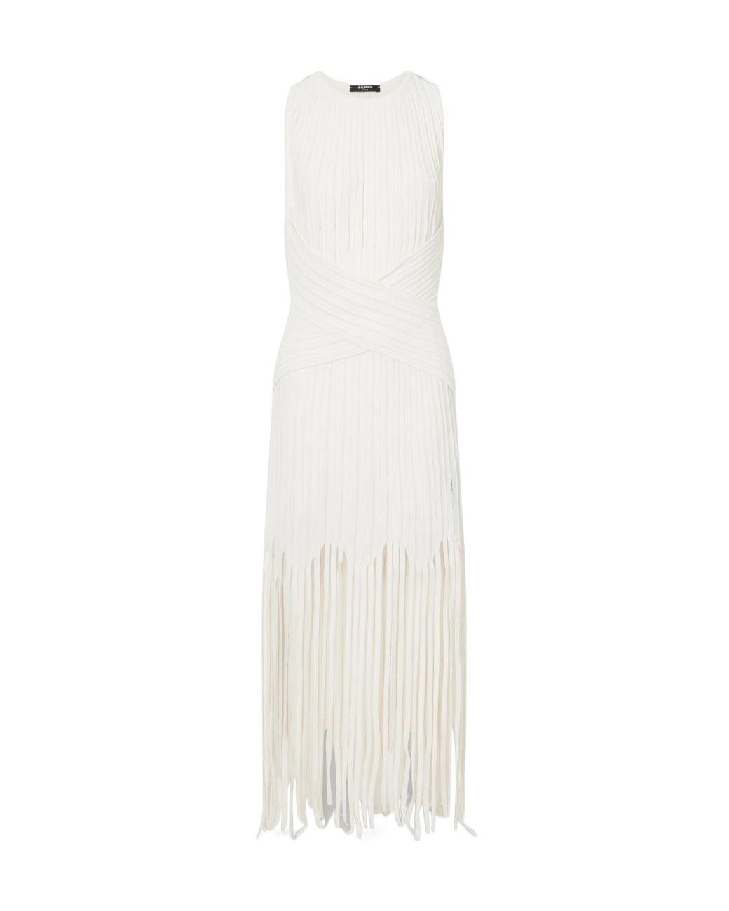 Balmain White Fringed Pointelle-Knit Midi Dress