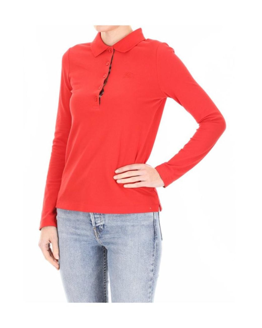 Burberry Red Long-Sleeve Check Placket Cotton Piqué Polo Shirt
