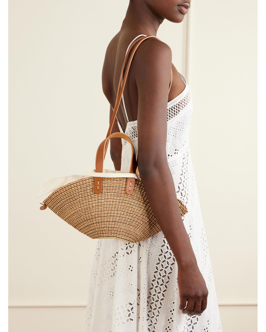 Muuñ Brown Mini Leather-Trimmed Raffia Tote