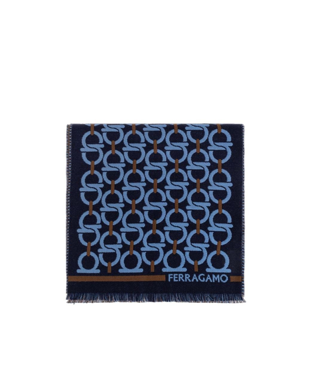 Ferragamo Blue Ferragamo Gancini Pattern Fringed Scarf for men