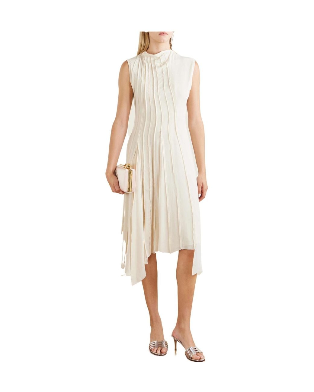 Victoria Beckham White Sleeveless Pleated Asymmetric Midi Dress