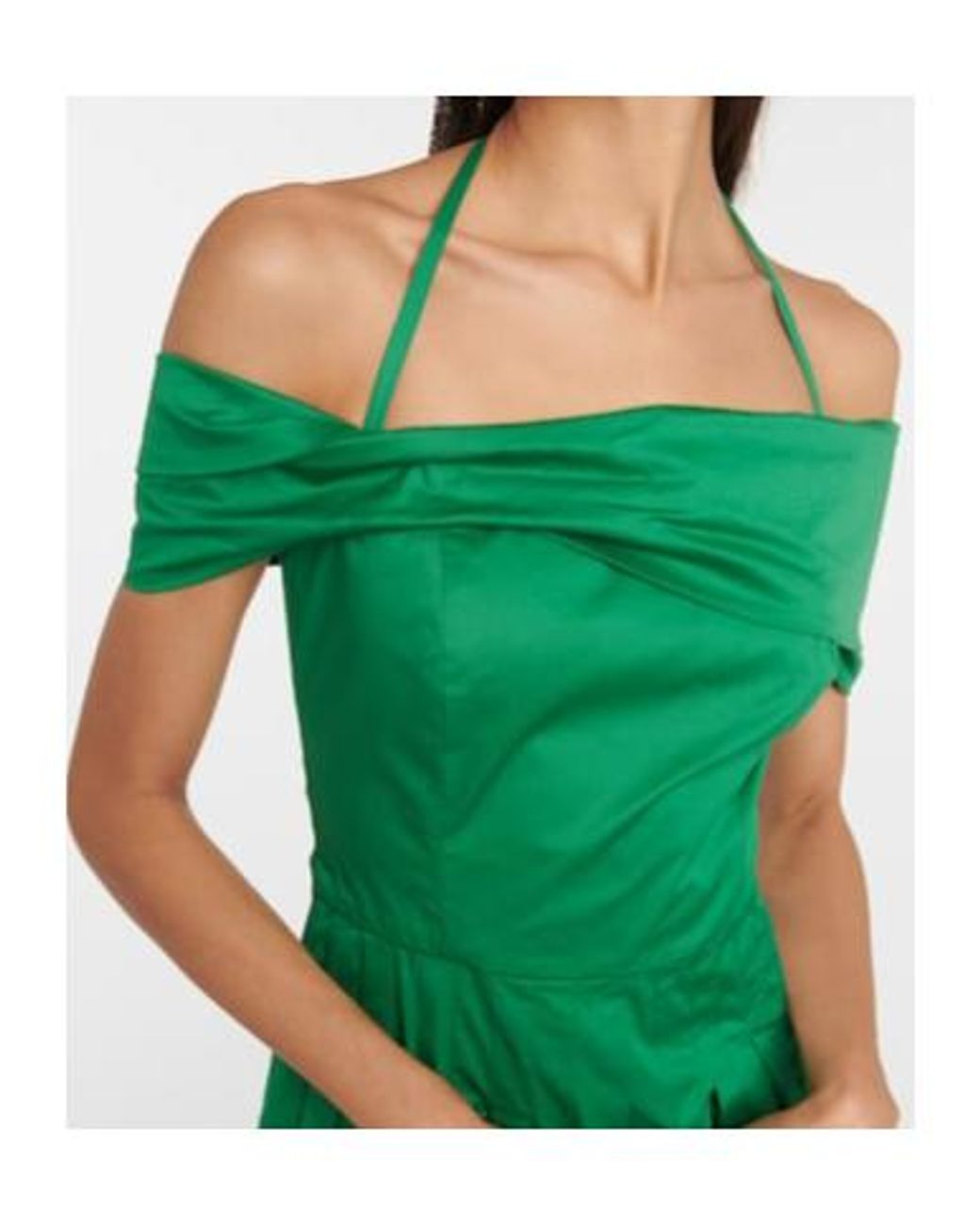 Oscar de la Renta Green Off-Shoulder Silk Midi Dress