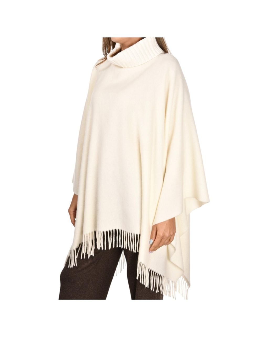 Gran Sasso Natural Fringed Roll-Neck Poncho