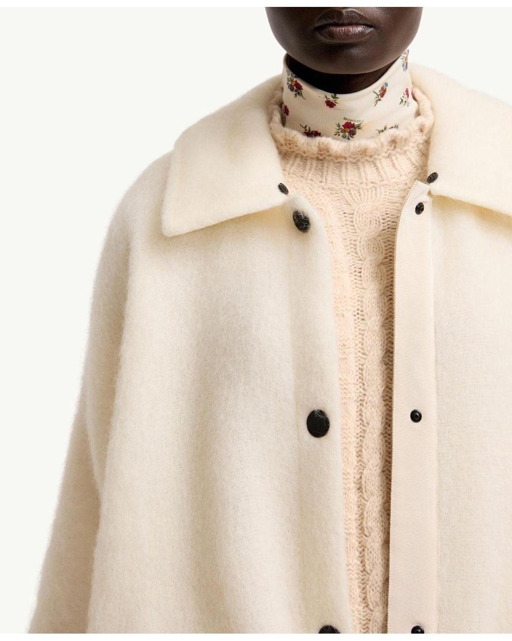 Moncler Natural Shearling Collar Mohair, Alpaca Wool Blend Cape