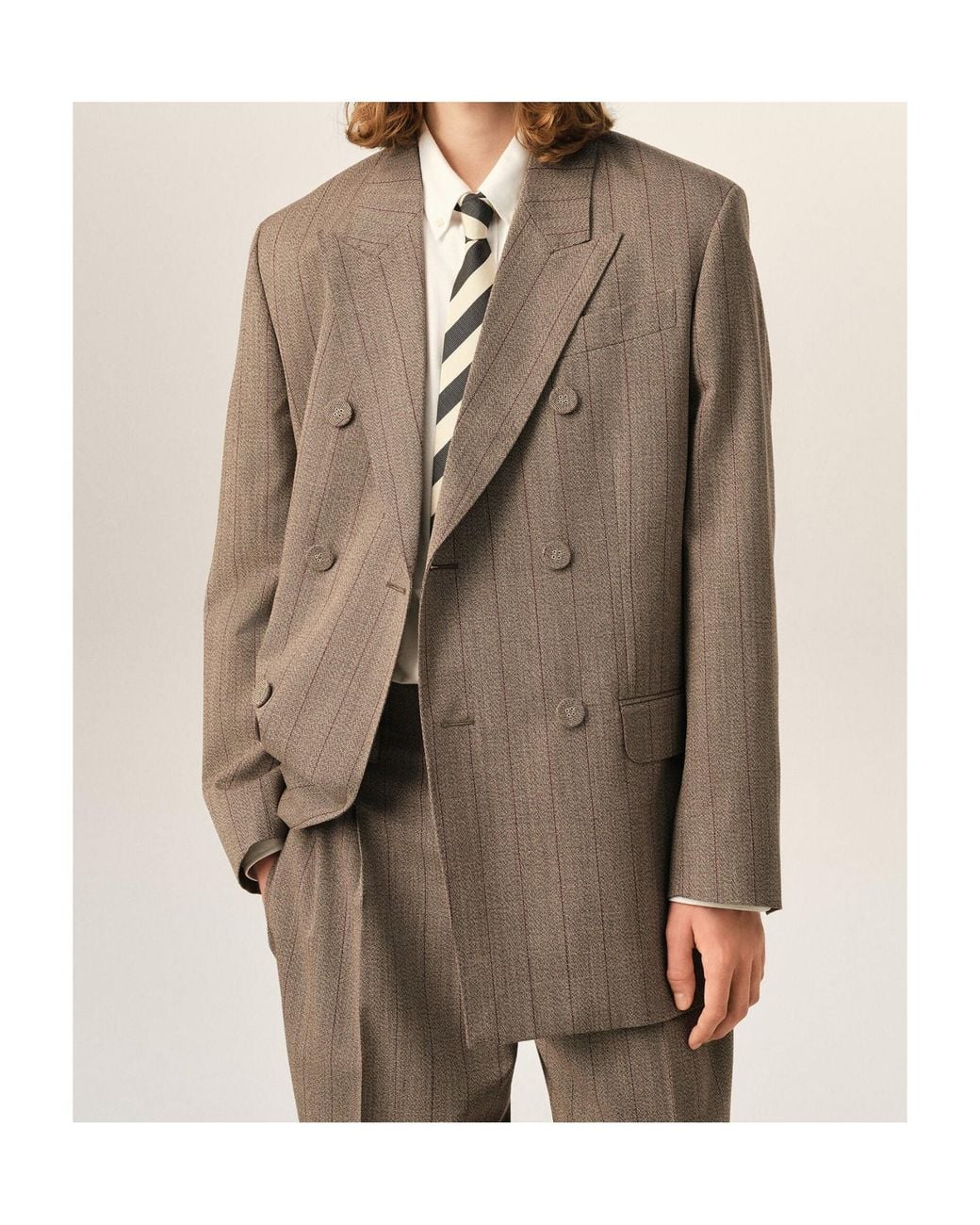 AMI Brown Double Breasted Striped Wool Blazer for men