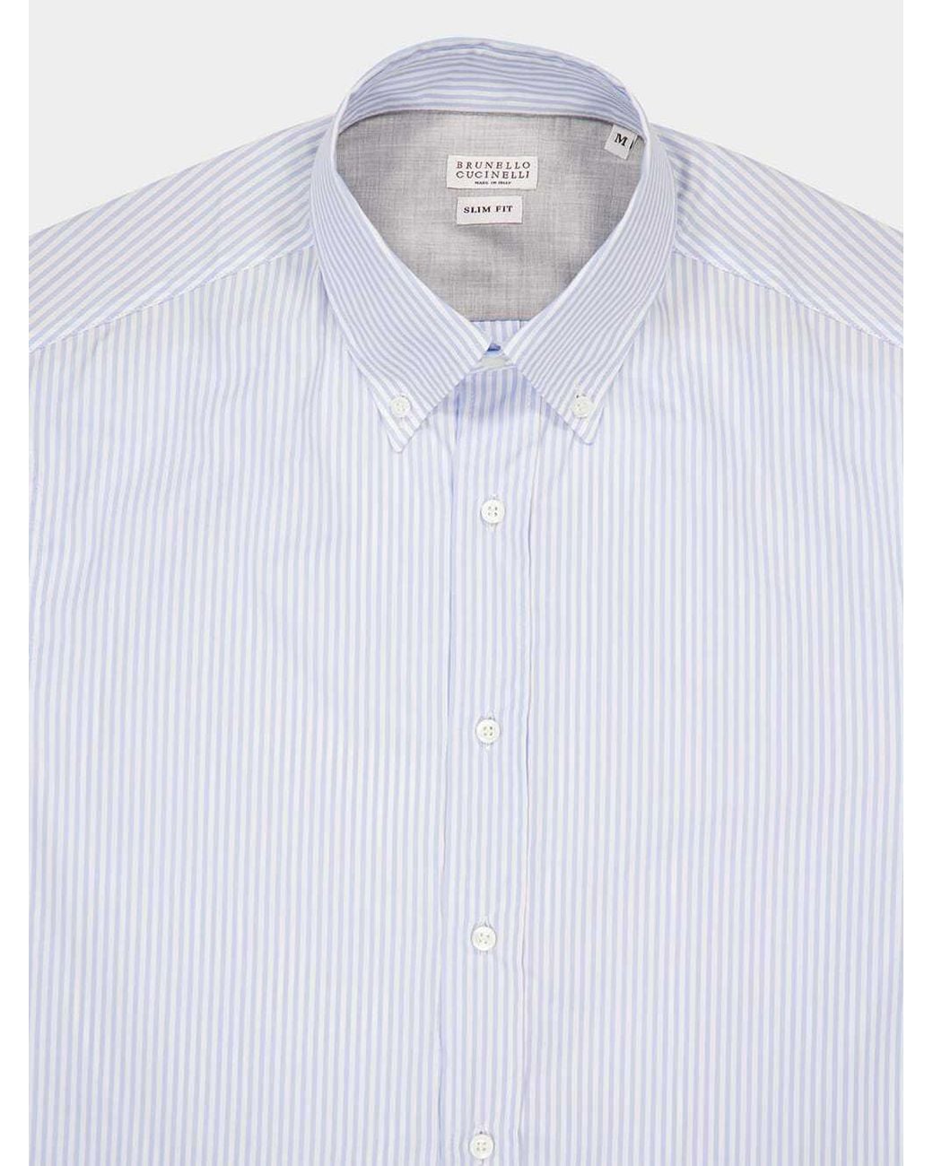 Brunello Cucinelli Blue Pinstriped Long-Sleeved Shirt for men